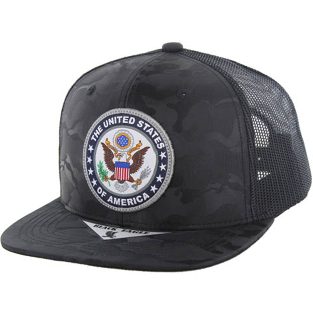 WOVEN PATCH CAMO 6-PANEL TRUCKER SNAPBACK CAP