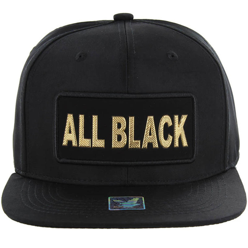 ALL BLACK BOLD LETTER PATCHED NYLON SIX PANEL SNAPBACK CAP