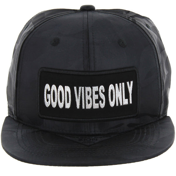GOOD VIBES ONLY BOLD LETTER PATCHED NYLON SIX PANEL SNAPBACK CAP