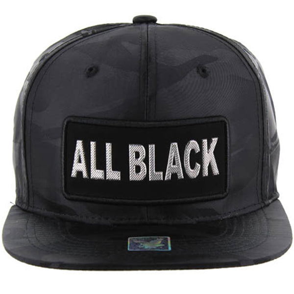 ALL BLACK BOLD LETTER PATCHED NYLON SIX PANEL SNAPBACK CAP